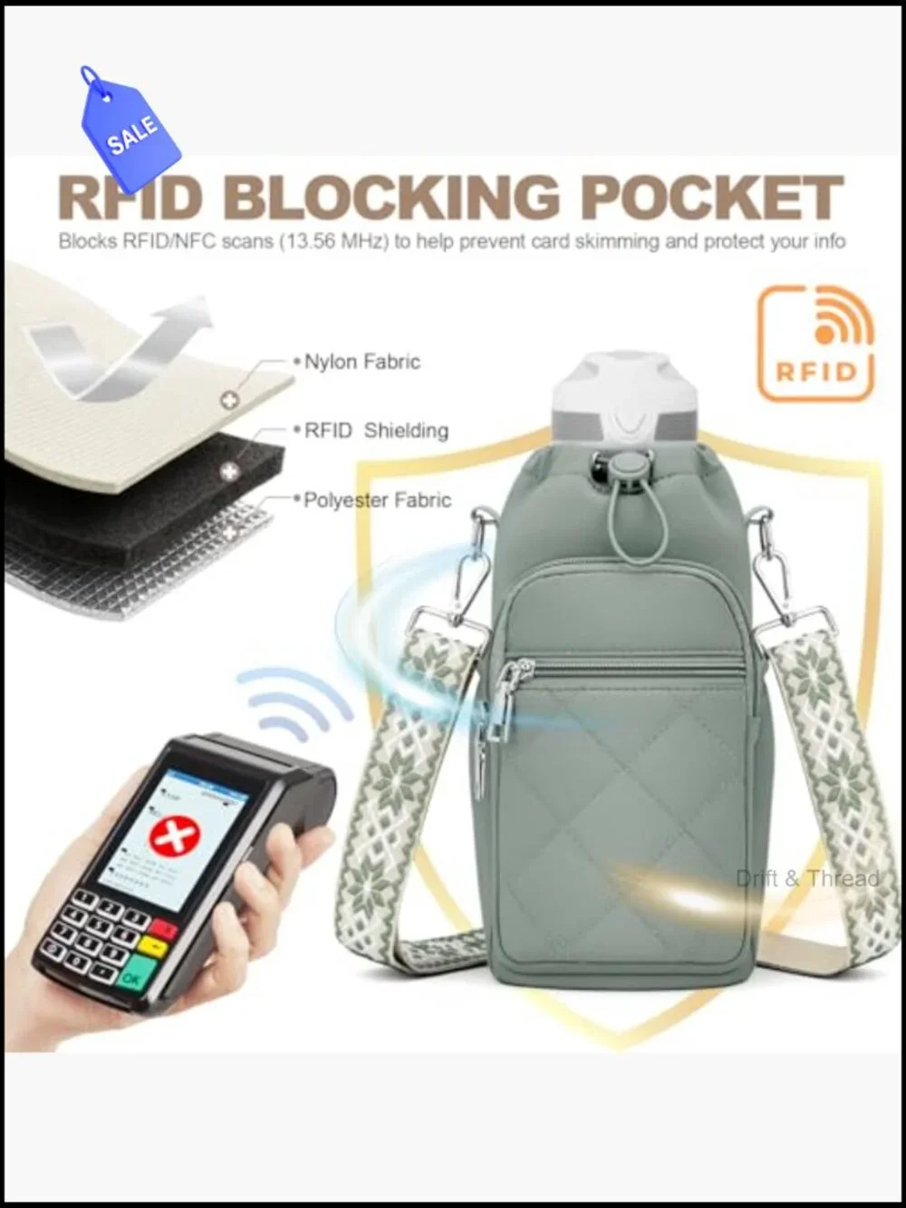 Water Bottle Carrier Bag with Strap, Crossbody Purse with Phone Pocket for